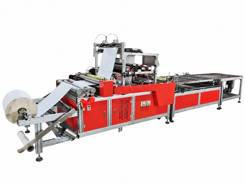 automatic glass fiber filter pleating and gluing machine with roll infeed, vertical pleating tower and outfeed conveyor