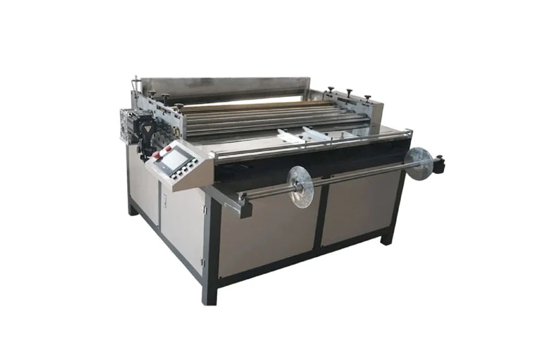 cnc automatic roll cross cutting machine, plc touch screen mesh filter cloth cutting machine, white background product photo
